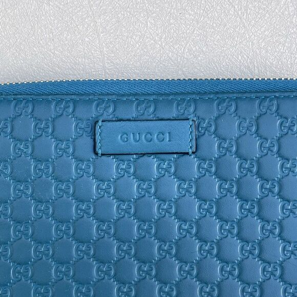 Gucci Blue Guccisima Leather Zip Around Wallet GG - Picture 2 of 14
